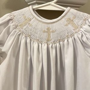 Smocked white bishop dress with Crosses
